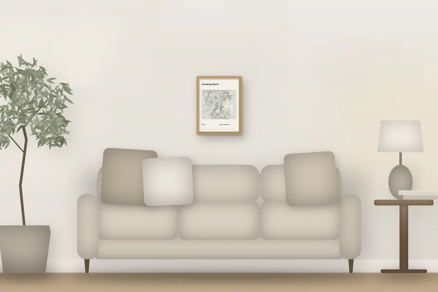 Hardangerfjord (12 × 16 po · Chêne naturel · Ivoire et graphite) au-dessus d’un canapé de salon — aperçu numérique illustratif, pas une photo