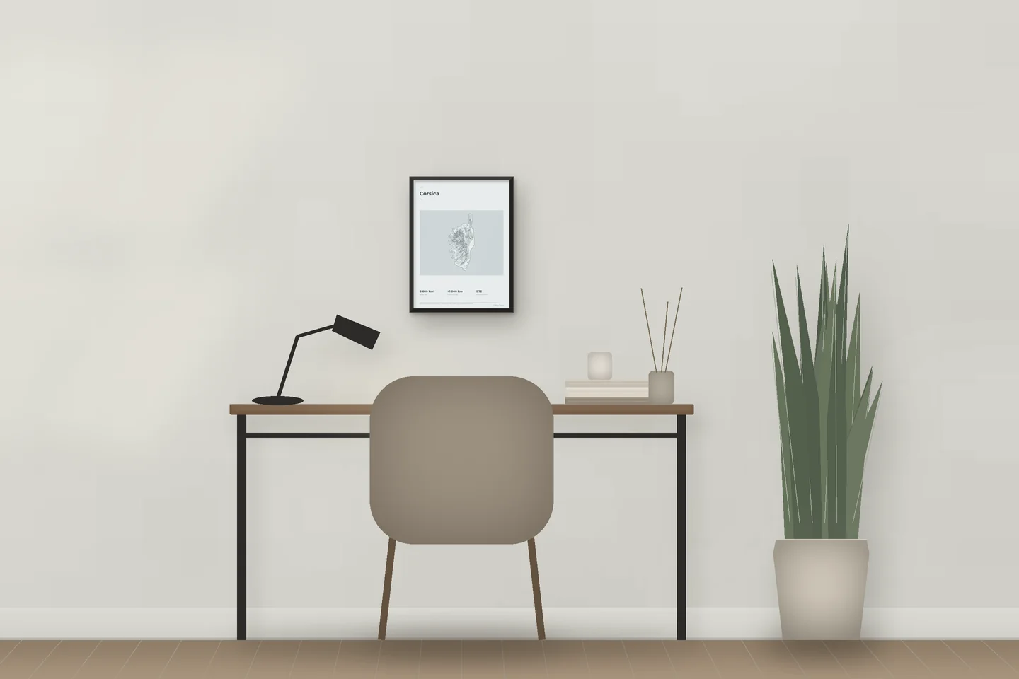 Corsica (12 × 16 in · Black metal · Mist & Pewter) above a desk in a home office — illustrative digital preview, not a photo