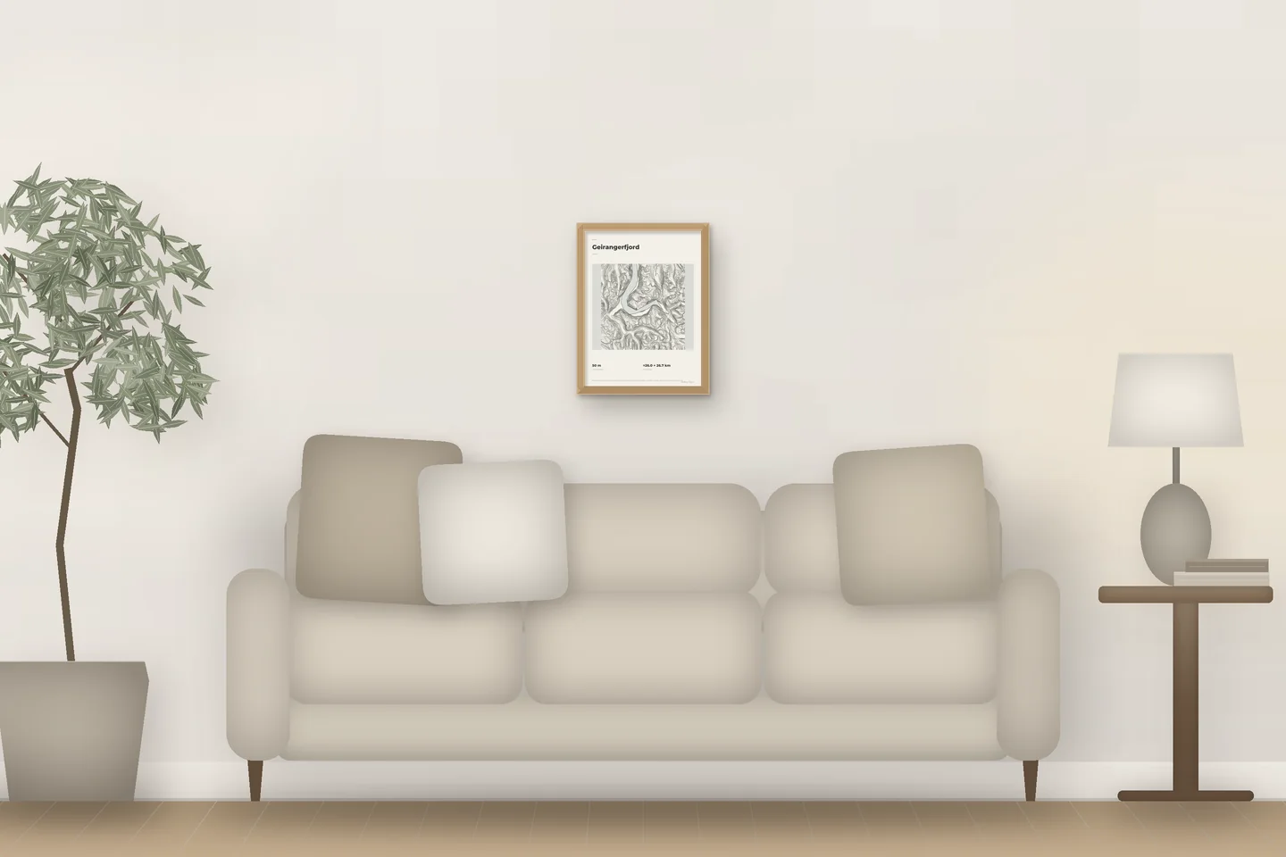 Fiordo de Geiranger (12 × 16 pulg · Roble natural · Marfil y grafito) sobre el sofá de un salón — vista previa digital ilustrativa, no es una foto