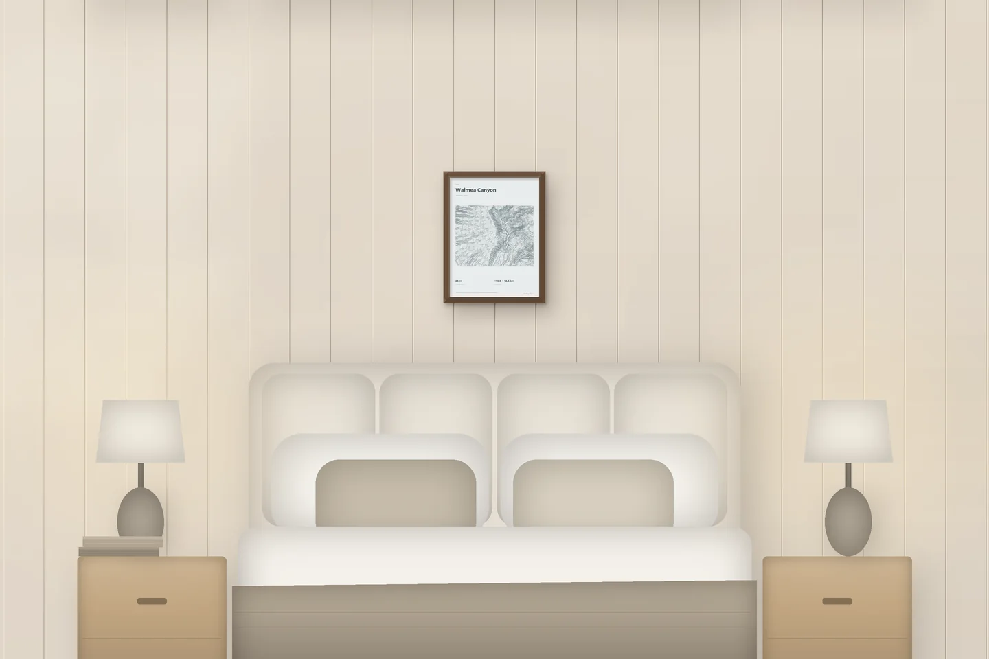 Cañón de Waimea (12 × 16 pulg · Roble tono nogal · Bruma y estaño) sobre una cama en un dormitorio de chalet — vista previa digital ilustrativa, no es una foto