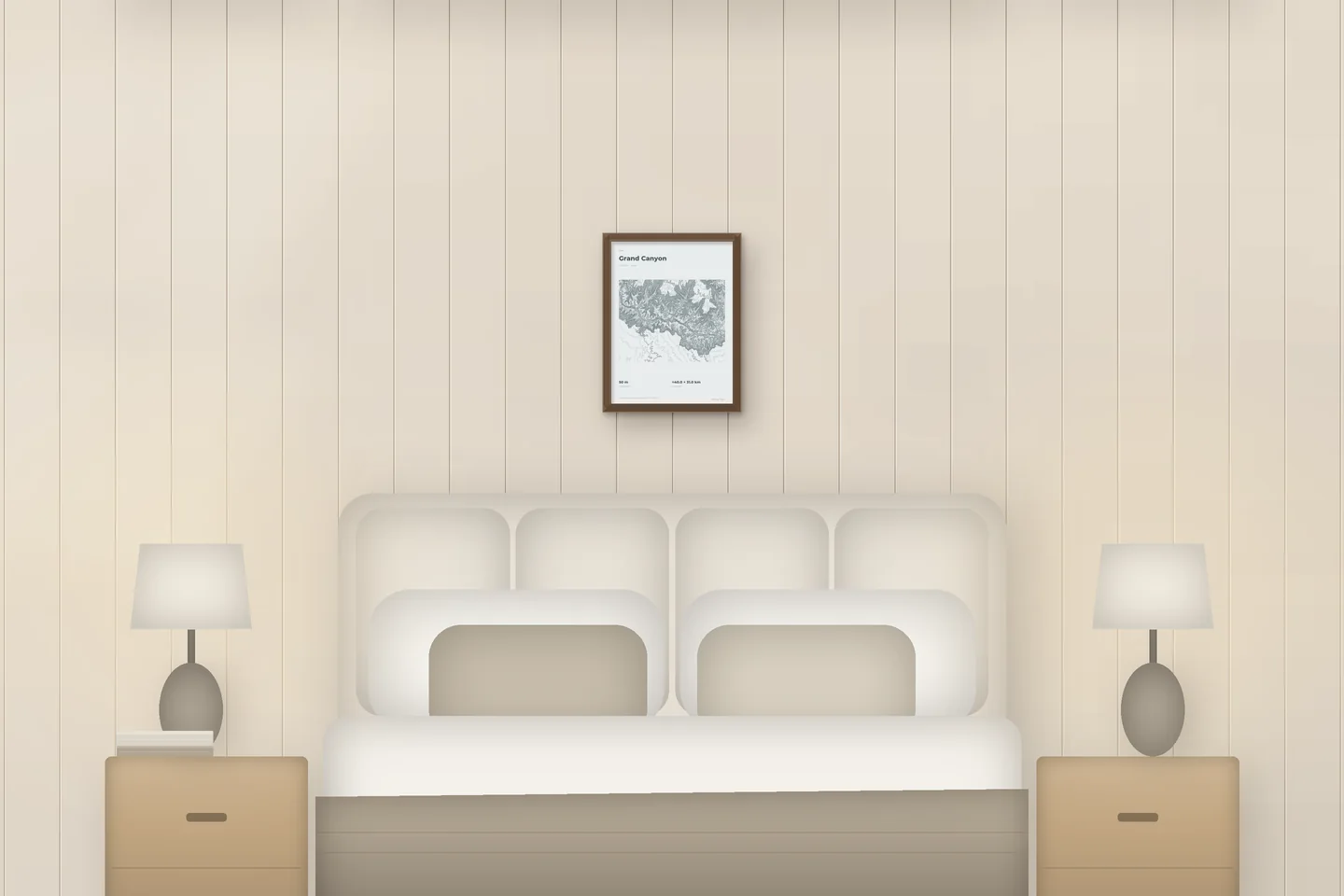 Gran Cañón (12 × 16 pulg · Roble tono nogal · Bruma y estaño) sobre una cama en un dormitorio de chalet — vista previa digital ilustrativa, no es una foto