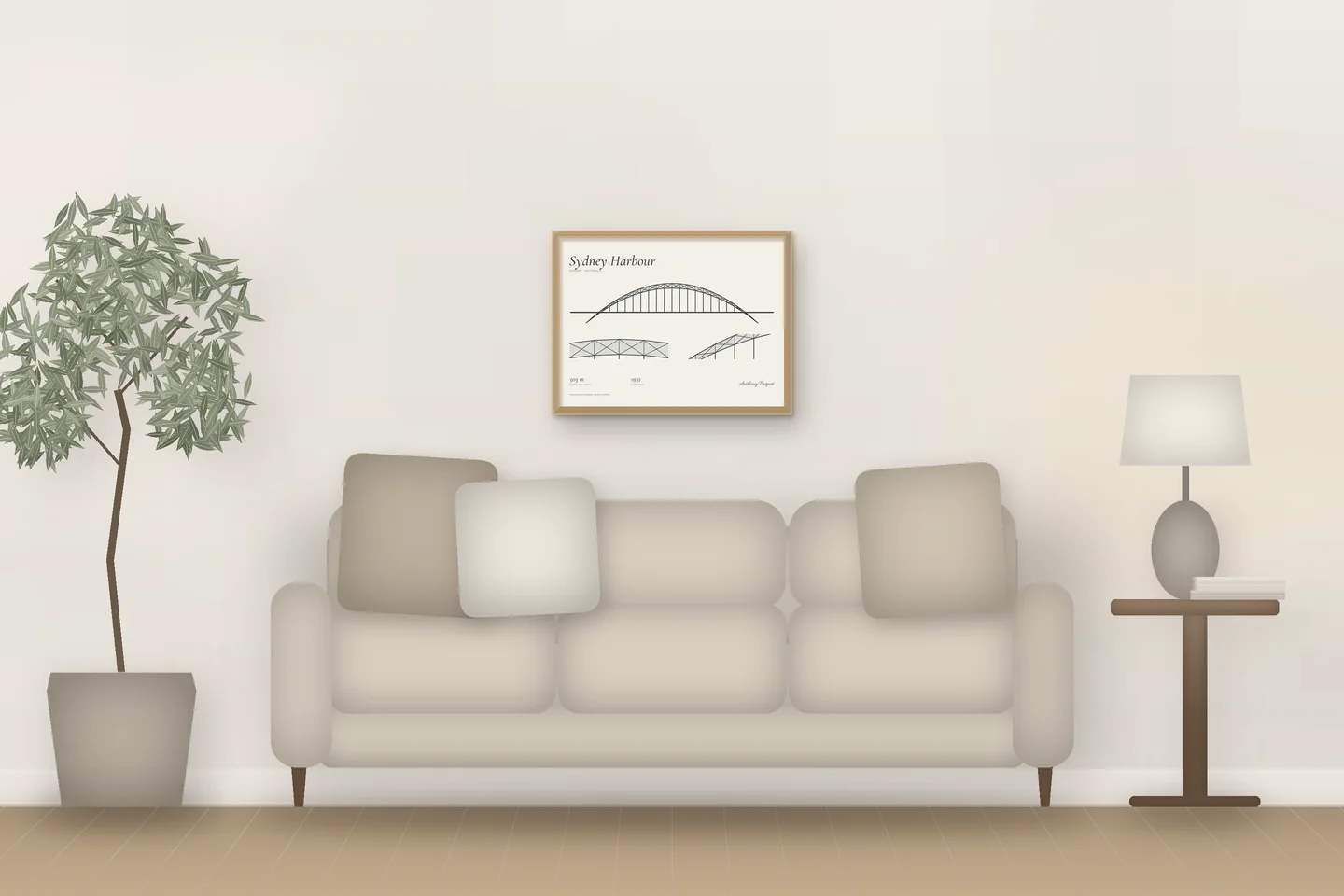 Puente de Sídney (24 × 18 pulg · Roble natural · Marfil y grafito) sobre el sofá de un salón — vista previa digital ilustrativa, no es una foto
