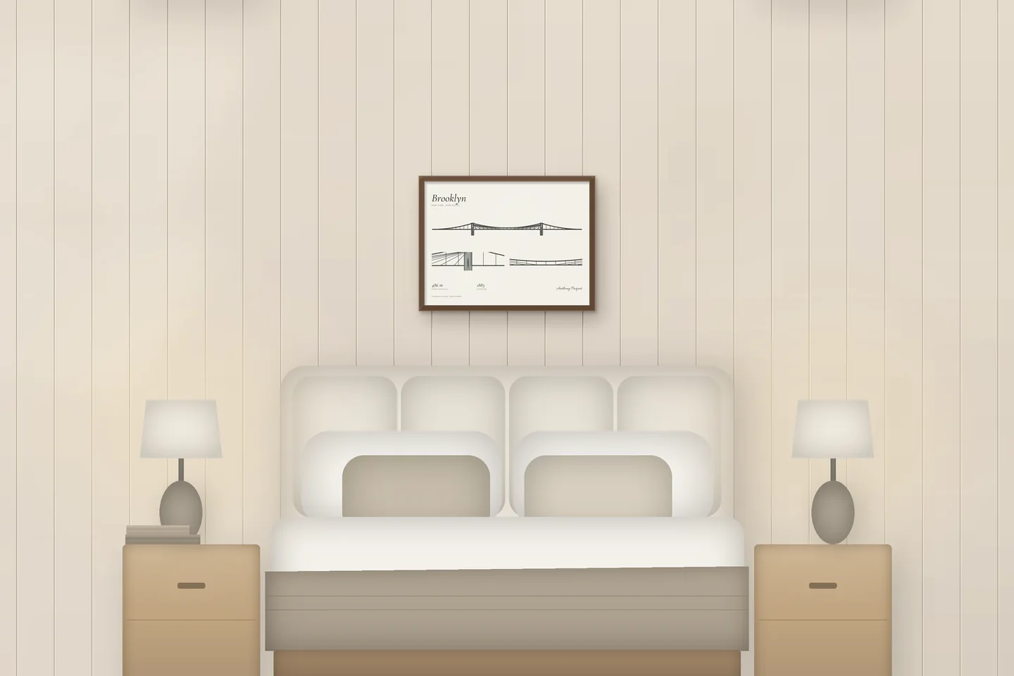 Puente de Brooklyn (24 × 18 pulg · Roble tono nogal · Marfil y grafito) sobre una cama en un dormitorio de chalet — vista previa digital ilustrativa, no es una foto