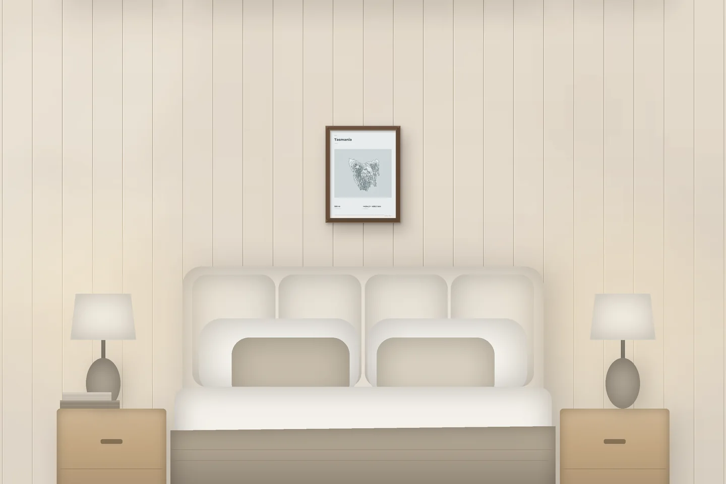 Tasmanie (12 × 16 po · Chêne noyer · Brume et étain) au-dessus d’un lit, dans une chambre de chalet — aperçu numérique illustratif, pas une photo