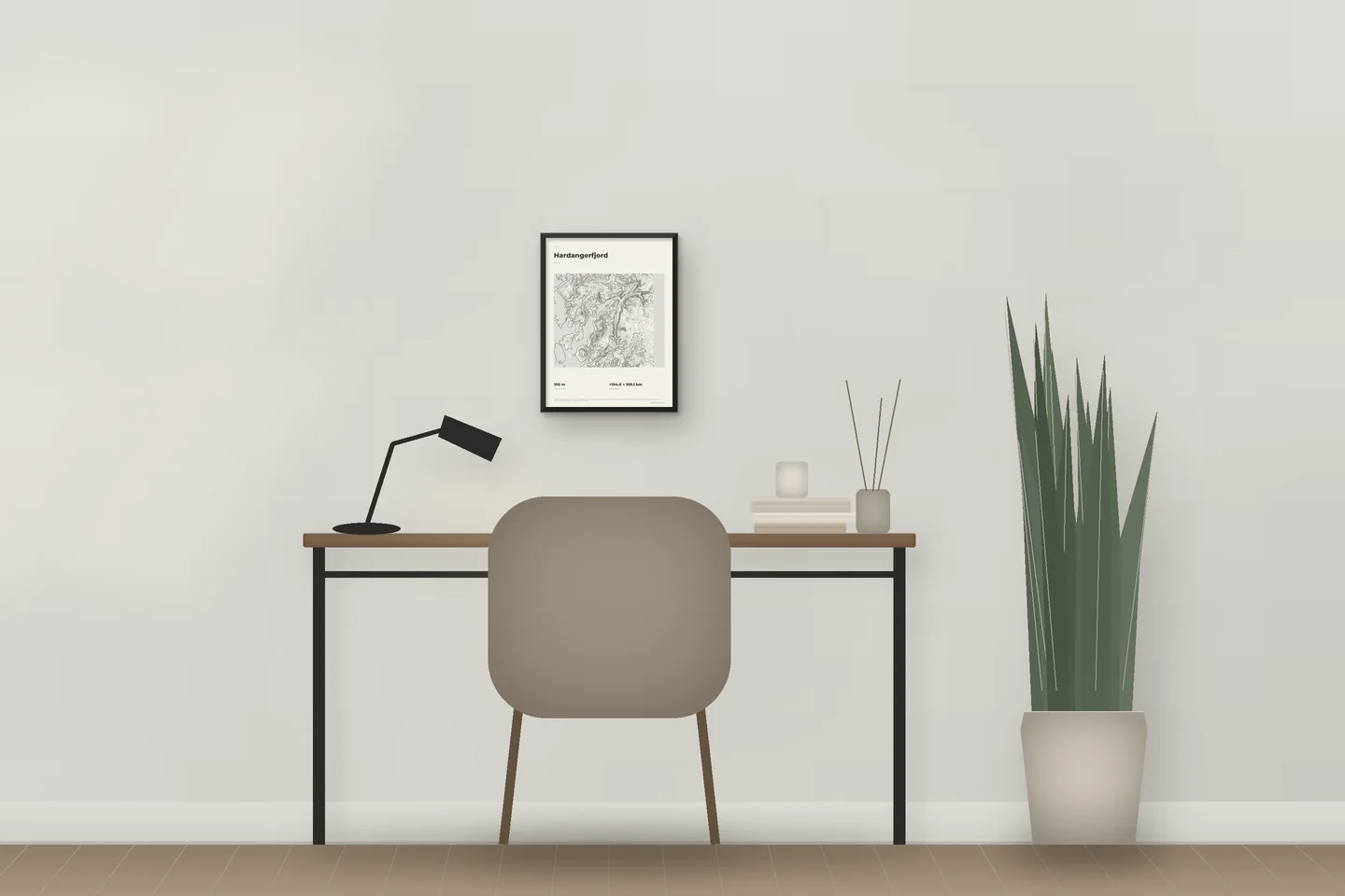 Hardangerfjord (12 × 16 po · Métal noir · Ivoire et graphite) au-dessus d’un bureau — aperçu numérique illustratif, pas une photo