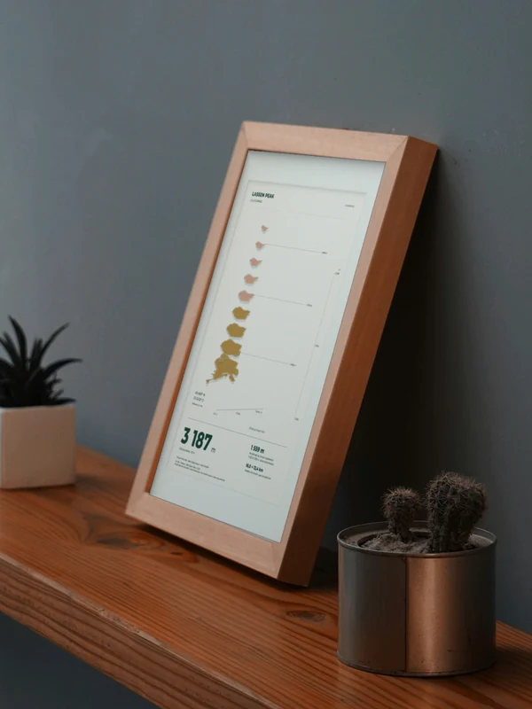 Œuvre Lassen Peak intégrée numériquement dans un cadre, sur une tablette auprès de plantes. Encadrement et proportions indicatifs.