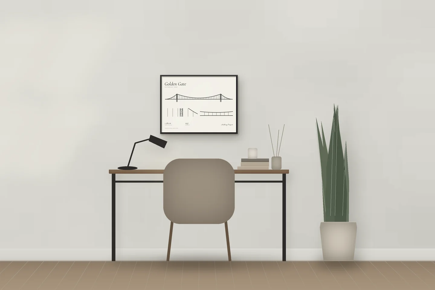 Golden Gate (24 × 18 po · Métal noir · Ivoire et graphite) au-dessus d’un bureau — aperçu numérique illustratif, pas une photo