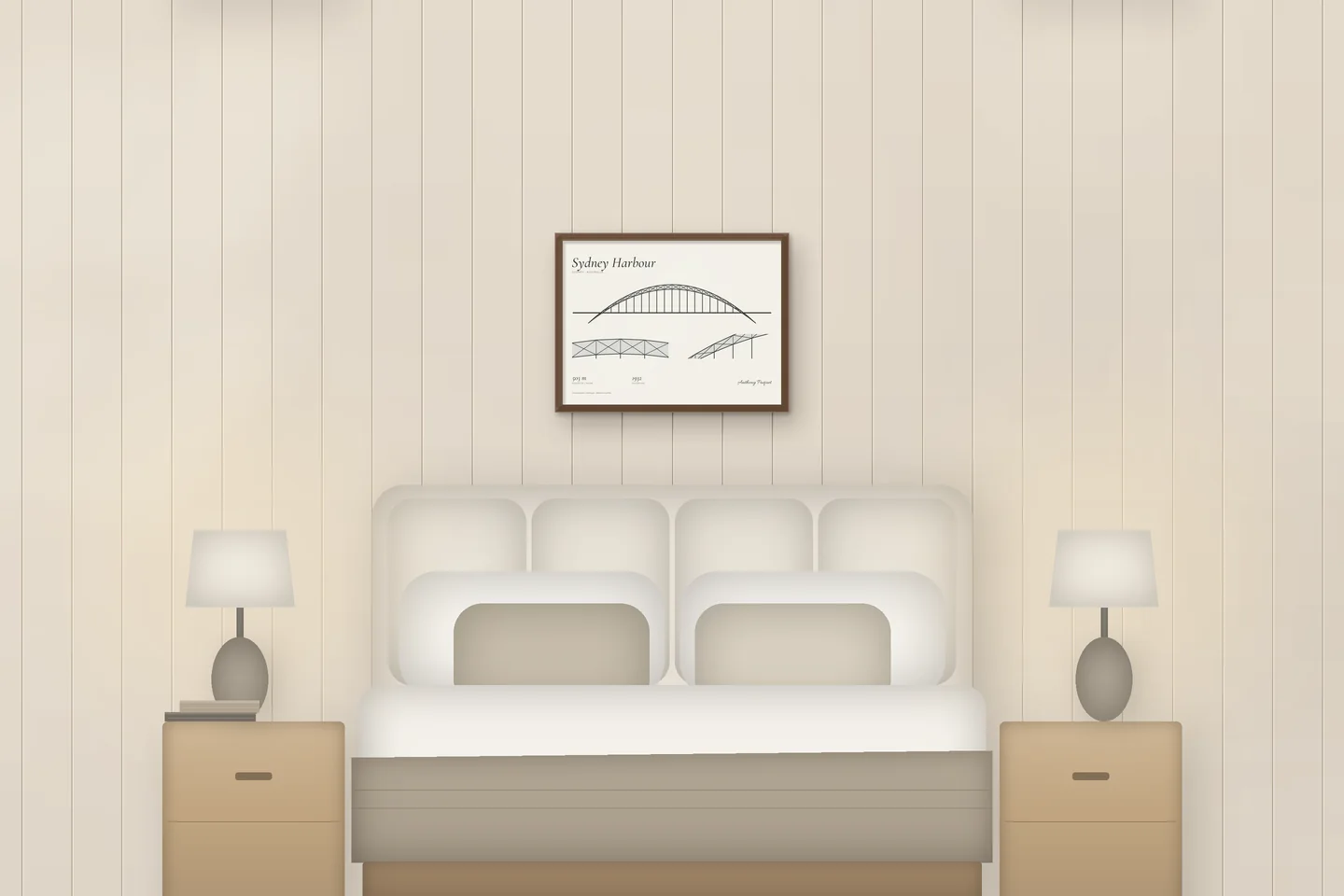 Puente de Sídney (24 × 18 pulg · Roble tono nogal · Marfil y grafito) sobre una cama en un dormitorio de chalet — vista previa digital ilustrativa, no es una foto