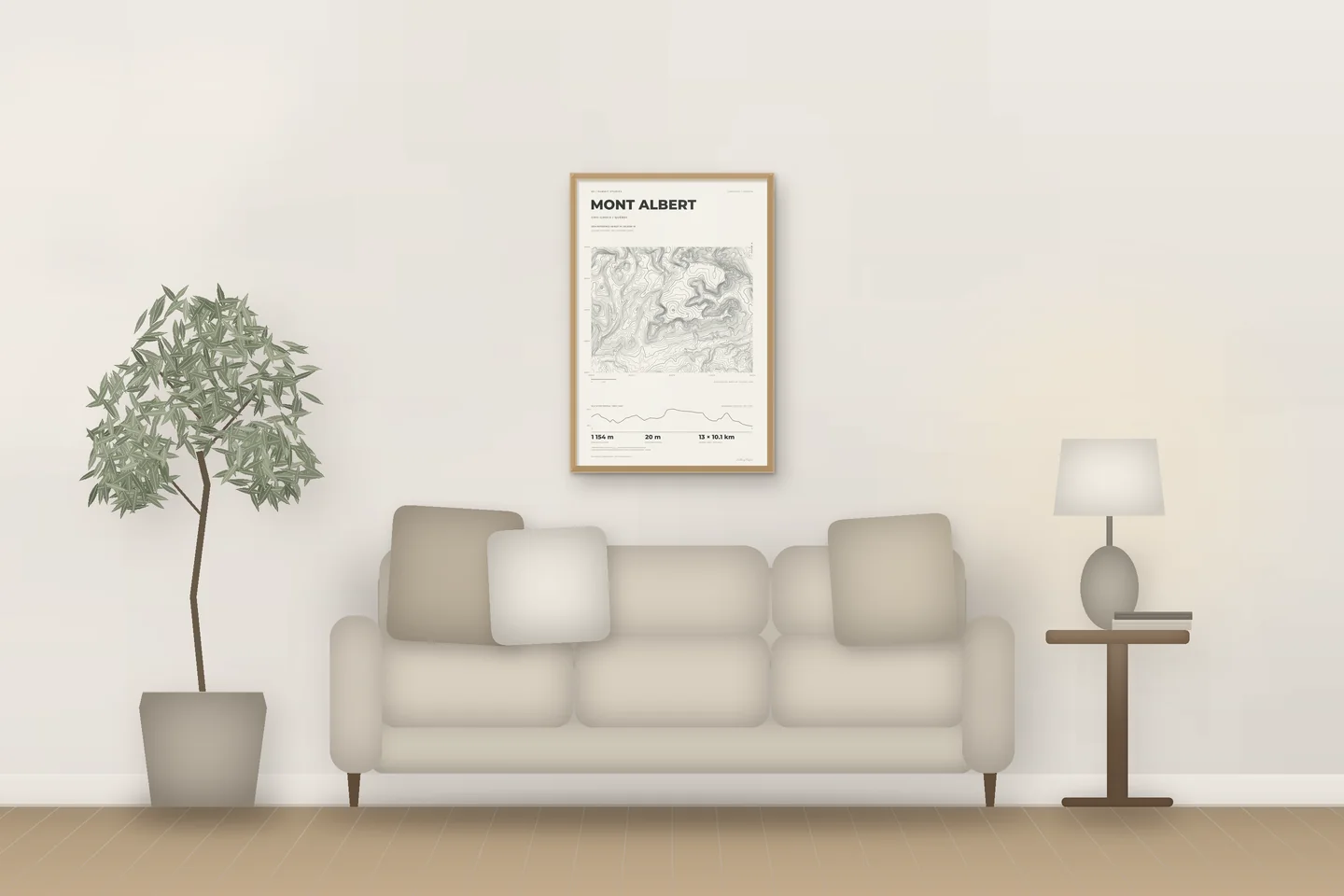 Mont Albert (24 × 36 in · Natural oak · Ivory & Graphite) above a living-room sofa — illustrative digital preview, not a photo