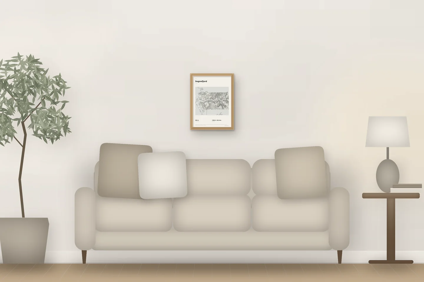 Sognefjord (12 × 16 in · Natural oak · Ivory & Graphite) above a living-room sofa — illustrative digital preview, not a photo