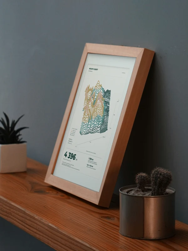 The Mount Elbert artwork digitally placed in a frame on a shelf beside plants. Framing and proportions are illustrative.