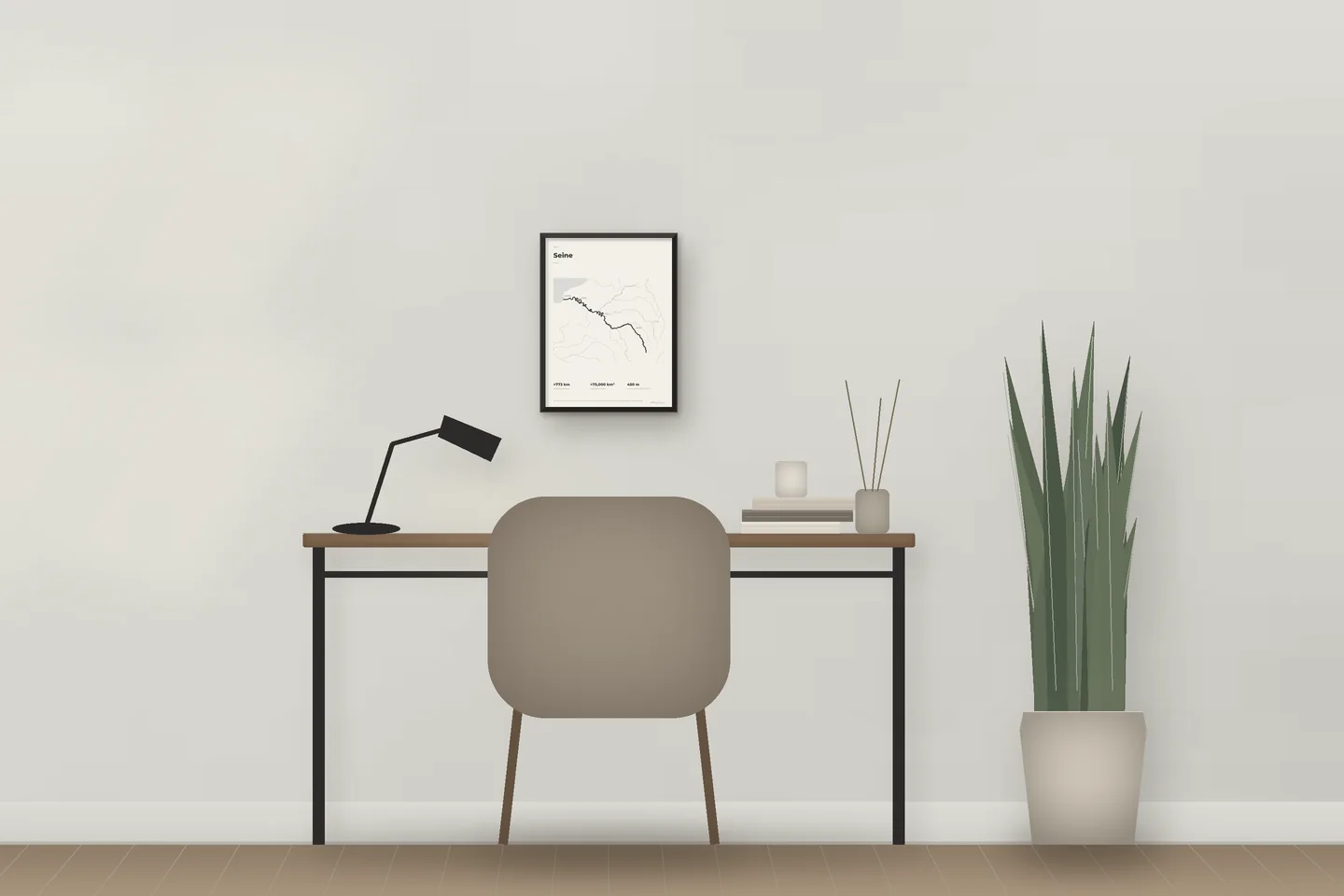 Seine (12 × 16 po · Métal noir · Ivoire et graphite) au-dessus d’un bureau — aperçu numérique illustratif, pas une photo